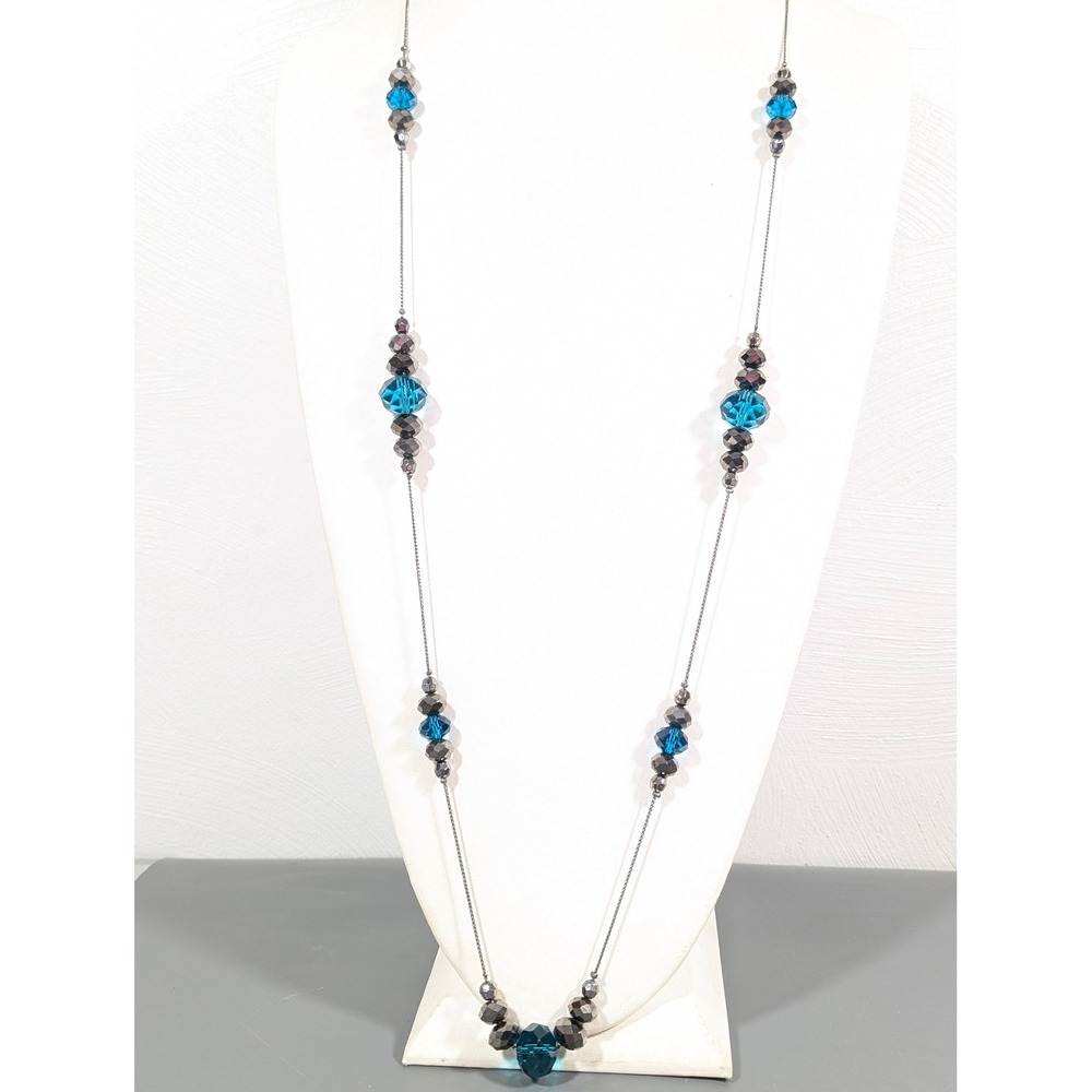 Extra Long 41" Gunmetal Gray Station Necklace Dark Aqua Teal Glass Beads